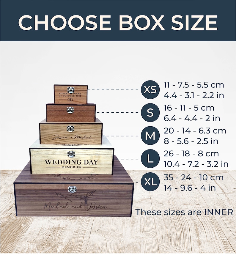 May include: Wooden boxes in various sizes, labeled XS to XL, with engraved names and dates. The boxes are displayed with their dimensions in inches and centimeters. The text "CHOOSE BOX SIZE" is at the top.
