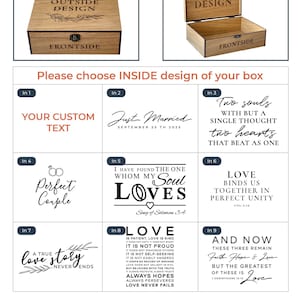Pu&ograve; includere: Immagine che mostra le opzioni di design per scatole di legno. Le opzioni includono "Outside Design" e "Inside Design". I design interni presentano testi come "Just Married" e citazioni sull'amore. Le opzioni frontali includono nomi e date di matrimonio.