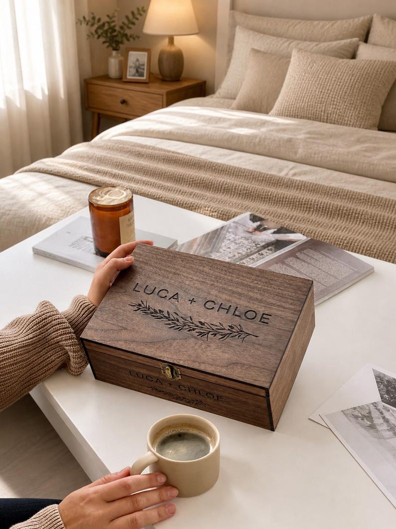 May include: A dark wooden box with the names "LUCA + CHLOE" engraved on the lid, along with a floral design. A small, beige coffee cup sits on a white table. The box is closed with a small clasp.