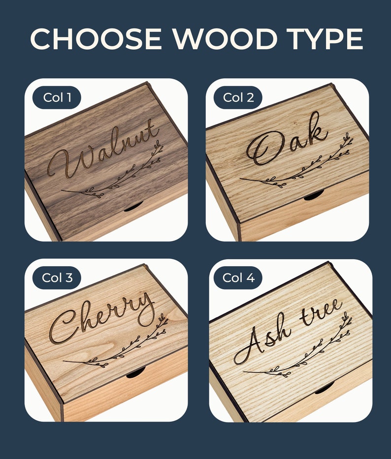 May include: Image shows four wooden boxes with different wood types: Walnut, Oak, Cherry, and Ash tree. Each box has the wood type name engraved on the lid with a decorative leaf design. The text "CHOOSE WOOD TYPE" is at the top.