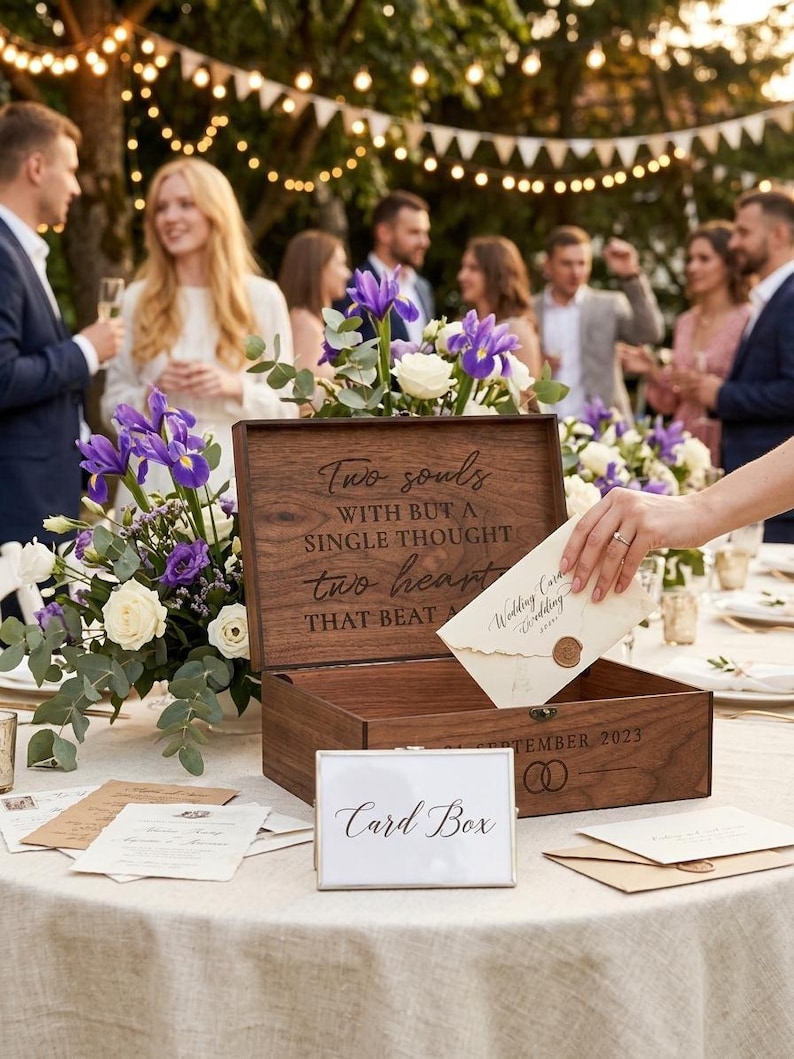 Pu&ograve; includere: Un portacarte in legno con l'iscrizione "Two souls with but a single thought, two hearts that beat". Una mano inserisce un biglietto di nozze nella scatola aperta. Un cartello "Card Box" &egrave; di fronte.