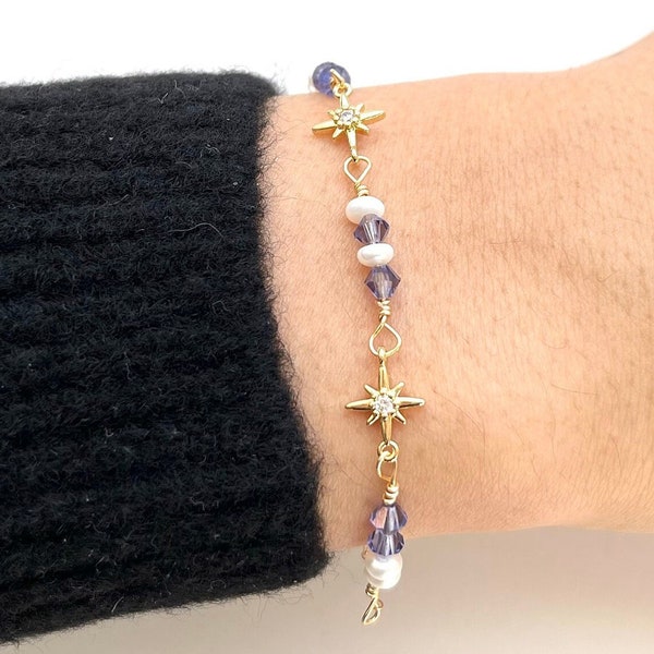 Delicate Star Gold Filled Bracelet with Crystal Freshwater Pearl/Handmade Jewelry/Gift for her/Starry Night Star Bracelet/Cute Bracelet