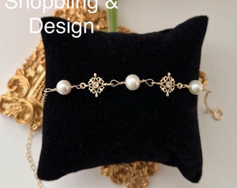 Floral Pearl Bracelet: Gold Retro Style Bracelet, Jewelry Gift