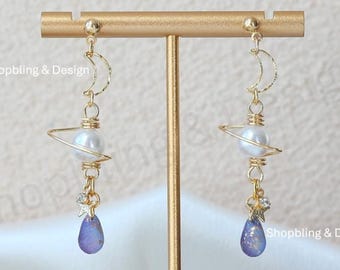 Planet Galaxy Dangle Earrings: Celestial Star Moon Jewelry, Gift For Her
