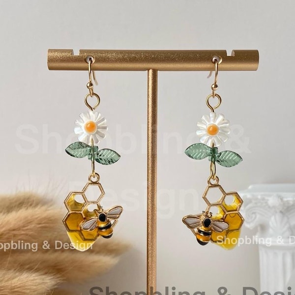 Bee Honeycomb Dangle Earrings: Handmade Resin Honey Dripping Bee Jewelry