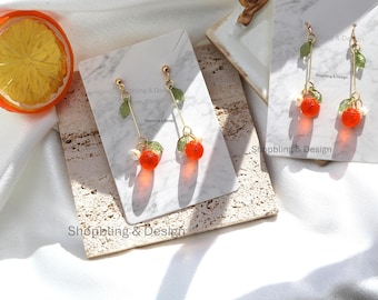 Orange Fruit Earrings: Translucent Glass Citrus Dangle Earrings, Food Jewelry
