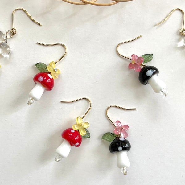 Cute Mushroom Drop Earrings/Novelty Funky Earrings/Gift for her/Fun Summer and Spring Jewelry/Cottagecore Earrings, Handmade Gift