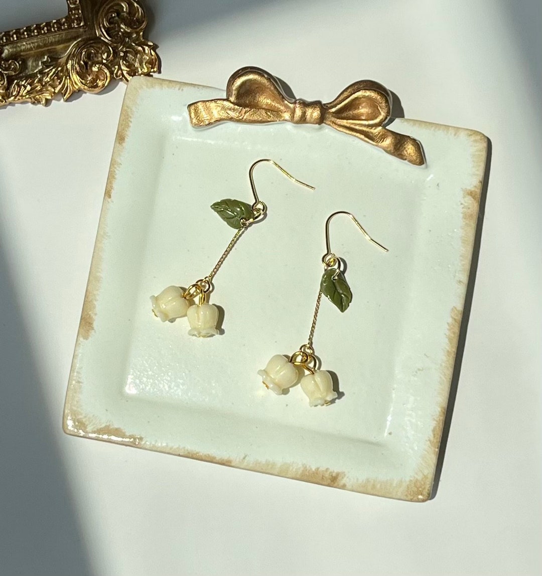 White Floral Drop Earrings, Lily of the Valleys, White Rose Bridal Prom