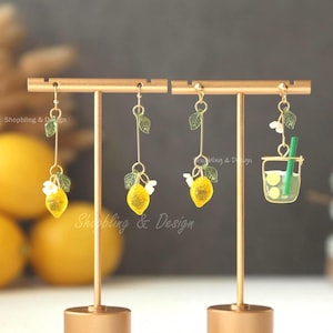 Lemon Fruit Dangle Earrings: Handmade Glass Citrus Food Jewelry Gifts
