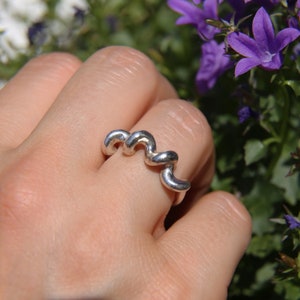 Könnte beinhalten: Ein silberfarbener Ring mit einem einzigartigen, wellenförmigen Design. Der Ring hat eine Reihe von verbundenen, abgerundeten Formen, die sich krümmen und fließen. Der Ring wird an einem Finger gezeigt, mit einem verschwommenen Hintergrund aus grünem Laub und lila Blumen.