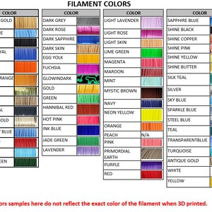 May include: A chart showing a variety of filament colors for 3D printing. The chart is divided into columns with color names and corresponding color swatches.