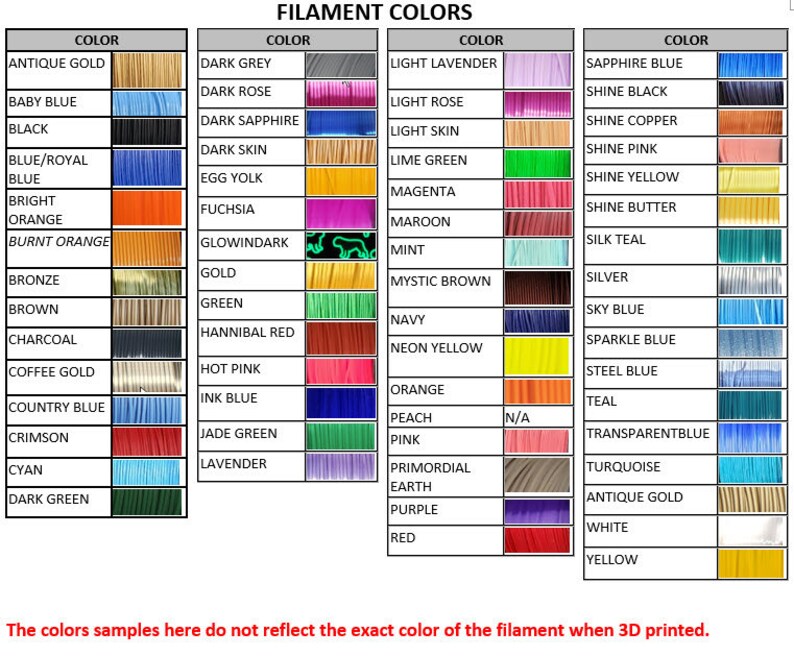 May include: A chart showing a variety of filament colors for 3D printing. The chart is divided into columns with color names and corresponding color swatches.