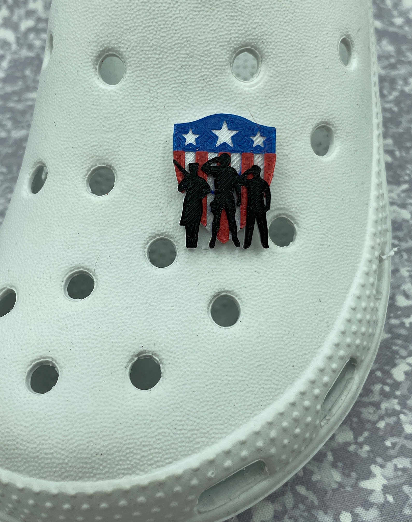 Pin OR Croc Charm  Military Personnel in front of a Shield