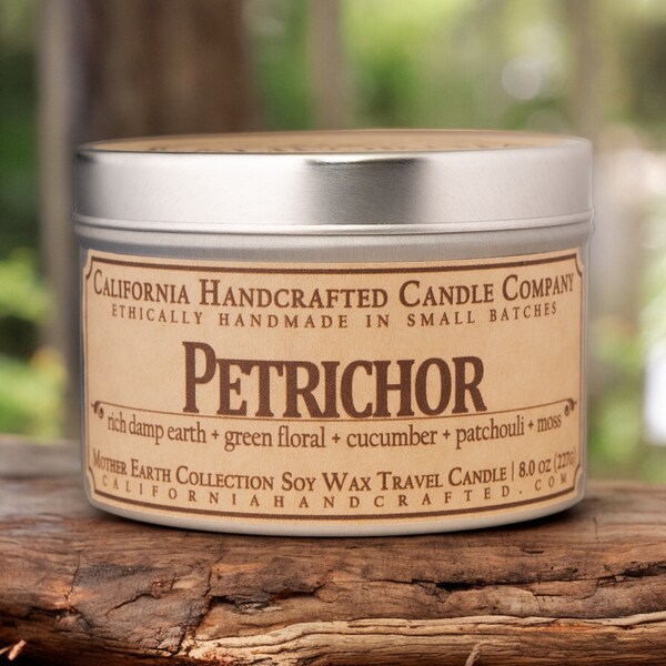 Petrichor Soy Wax Candle | 8 oz Hand-Poured Travel Tin | Marine, Cucumber, Earth Notes | Home & Spa Fresh Rain Scent | Eco-Friendly