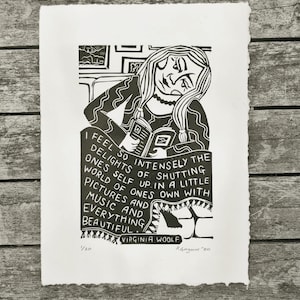 Virginia Woolf Limited Edition 'Inspirational Women' Print (Black)- hand made linocut / lino print (A5) (poetry, quote)