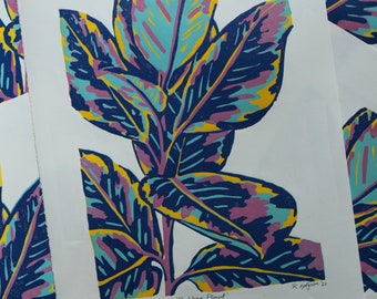 REDUCED!!! Rubber Plant Artist Proof Print -  Multicolour ( blue / pink / yellow) Hand made reduction linocut / lino print