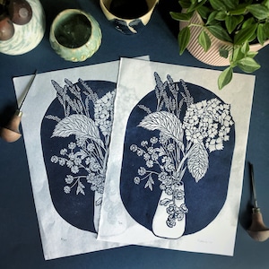 Limited Edition Print - Flowers & Vase (Dark Blue)- hand made linocut / lino print (A4) (floral, still life)