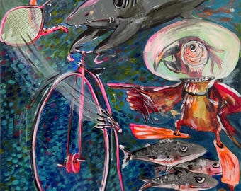 May include: Abstract painting featuring a shark riding a pink bicycle with a tennis racket. A bird-like figure with a hat points towards the viewer. The background is a mix of blue, orange, and green.
