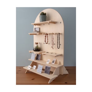 Curved Table Top Pegboard with Integrated Tiered Shelves, Shelving and Pegs for Crafts Fairs and Retail Markets with Optional Logo and Text