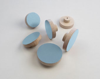 Pastel Blue Round Knob for Drawers and Doors, Hand Painted Plywood Pull for Kitchen Cabinets and Furniture