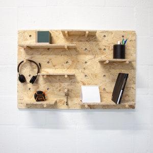 Wall Mounted Wooden OSB Pegboard and Organiser with Shelving and Pegs, OSB Chipboard