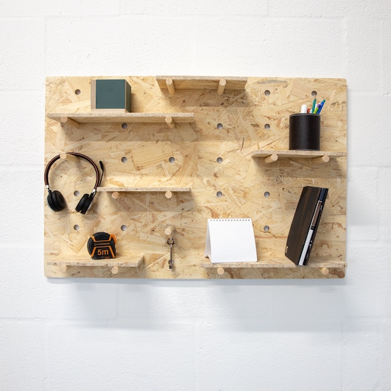 Wall Mounted Wooden OSB Pegboard and Organiser With Shelving and