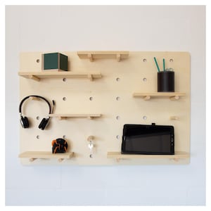 Wall Mounted Wooden Pegboard and Organiser with Shelving and Pegs