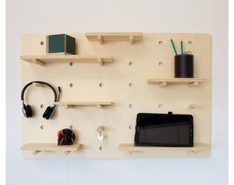 Wall Mounted Wooden Pegboard and Organiser with Shelving and Pegs