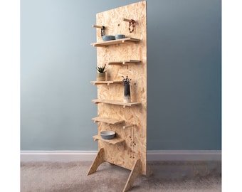 OSB Pegboard, Tall Free-standing with Feet, Includes Pegs and Shelves for Crafts Shows, Markets and Retail Shops