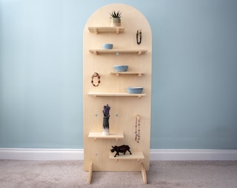 Tall Curved Top Pegboard with Shelving, Retail Free-Standing Pegboards for Crafts Shows and Markets Made in Plywood