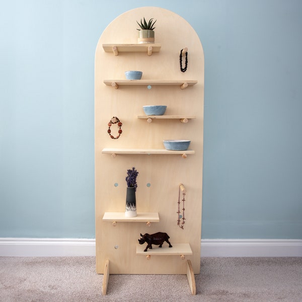 Tall Curved Top Pegboard with Shelving, Retail Free-Standing Pegboards for Crafts Shows and Markets Made in Plywood