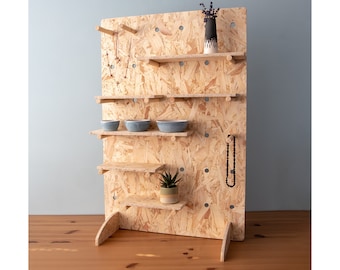 Tabletop OSB Pegboard, Square in shape and Freestanding with Feet, Shelving and Pegs for Crafts Shows, Markets and Retail Shops