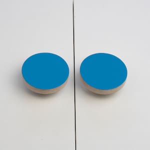 Puede incluir: Dos pomos redondos de madera azul con un diseño de madera en capas. Los pomos están sobre un fondo blanco.