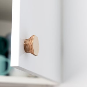 Op de afbeelding: Een zeshoekige houten kastknop met een gelaagd multiplex ontwerp. De knop is gemonteerd op een witte kastdeur.