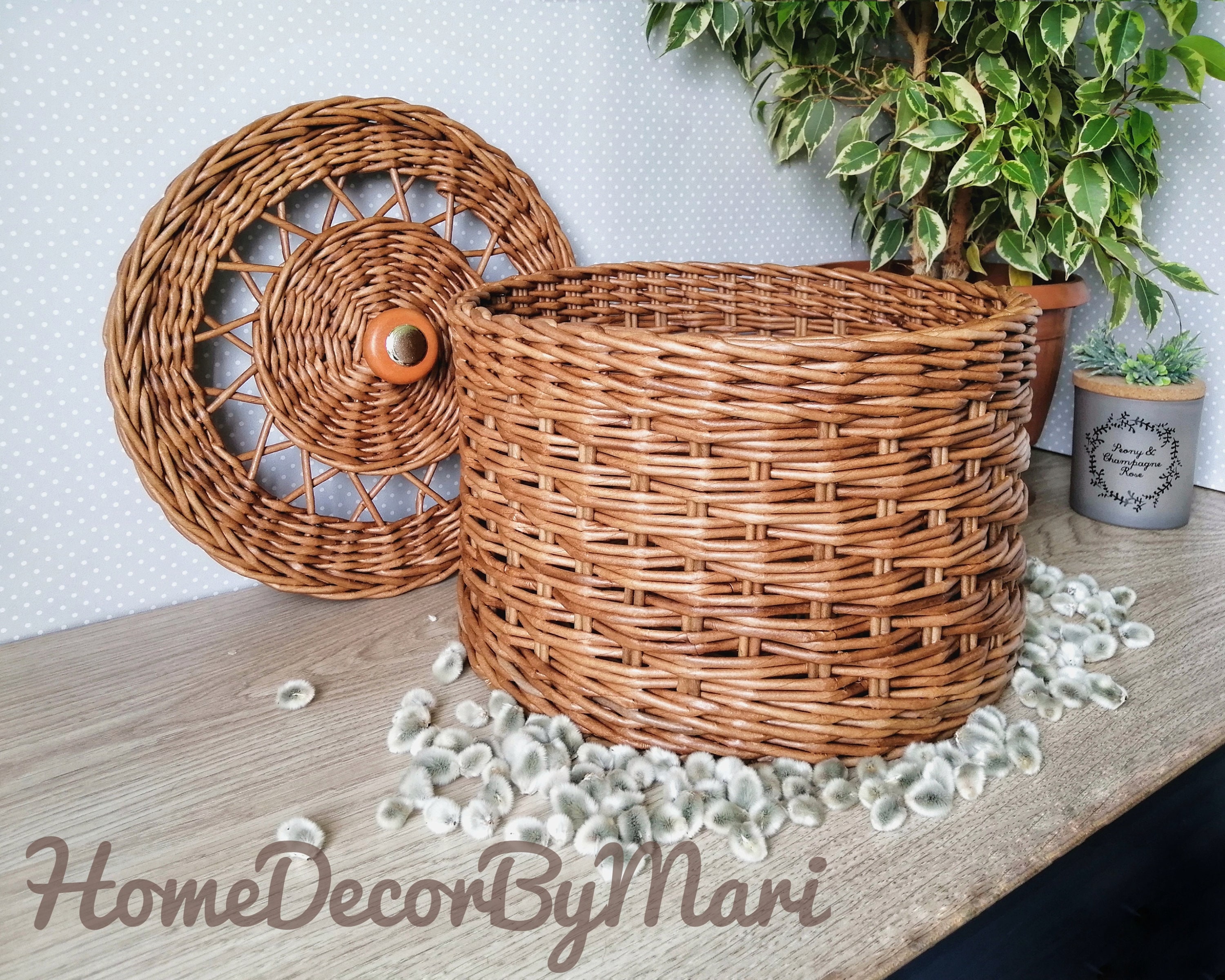 Large round wicker basket with lid basket for storing Etsy