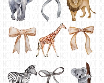 Zoo coquette, zoo animals, giraffe, elephant, lion, koala, zebra, watercolor bow, png, sublimation, digital design