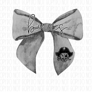 May include: A gray watercolor bow with the word "bucs" written in black cursive. A black and white pirate logo is on the right side of the bow.