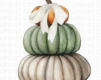 May include: A watercolor illustration of three stacked pumpkins. The top pumpkin is orange with a brown stem and a white bow. The middle pumpkin is green, and the bottom pumpkin is a light beige color.