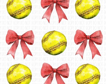 Softball coquette, red bow, watercolor bow softball, preppy, collage, png, sublimation, digital design