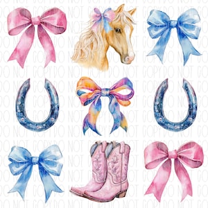 Girly horse, coquette horse, Equestrian bow, Equine bow, horseshoe, collage, pink and blue horse, png, sublimation, digital design
