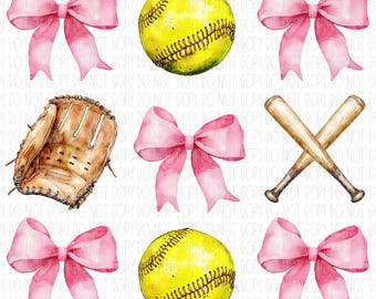 Softball coquette bow, pink bows, girly softball with bow, preppy, softball collage, watercolor softball, png, sublimation, digital design