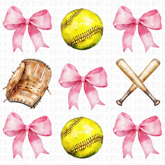 Softball coquette bow, pink bows, girly softball with bow, preppy, softball collage, watercolor softball, png, sublimation, digital design