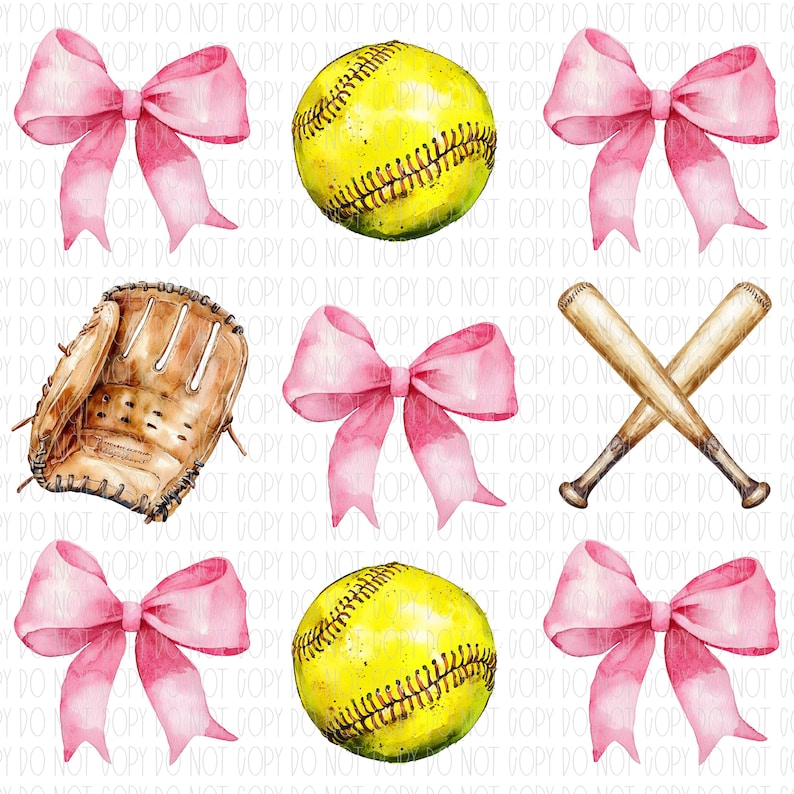 K&ouml;nnte beinhalten: Ein digitales Clipart-Set mit Aquarell-Illustrationen von Softball-Ausr&uuml;stung und rosafarbenen Schleifen. Das Set enth&auml;lt zwei gelbe Softb&auml;lle, einen braunen Leder-F&auml;ngerhandschuh, zwei rosafarbene Schleifen und zwei h&ouml;lzerne Baseballschl&auml;ger.