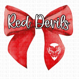 May include: A red watercolor bow with the text "Red Devils" and a white silhouette of a devil's head in the center.