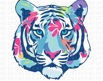 Preppy Tiger, floral tiger, colorful watercolor tiger, tiger face, tiger spirit wear, sublimation, DTF, PNG, digital design