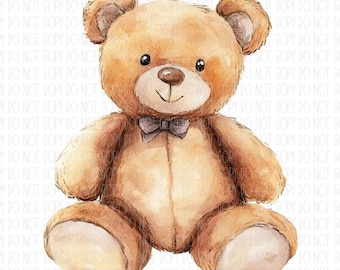 May include: A watercolor illustration of a brown teddy bear wearing a purple bow tie. The bear is sitting with its legs crossed and has a friendly expression.