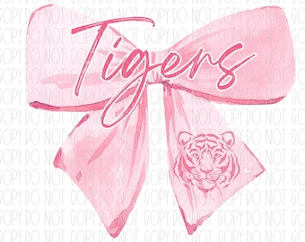 Tigers pink mascot, pink coquette bow, watercolor, preppy, png, sublimation, digital design