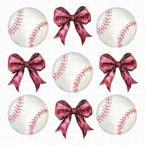 May include: A seamless pattern featuring watercolor illustrations of baseballs and red bows. The baseballs are white with red stitching. The bows are a deep red color.