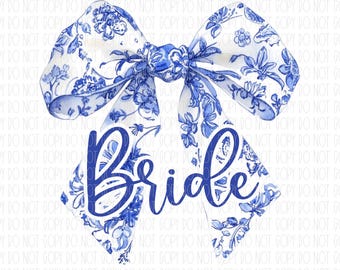 Bride Chinoiserie bow, Grandmillennial coquette bow, blue white bow, bridal shower, toile, bride, girly, png, sublimation, digital design