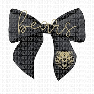 Bears mascot, coquette bow, watercolor black bow, black and gold, bears spirit wear, png, sublimation, digital design